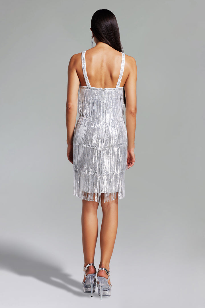 Evelina Sequins Fringe Halter Mini Dress - Silver