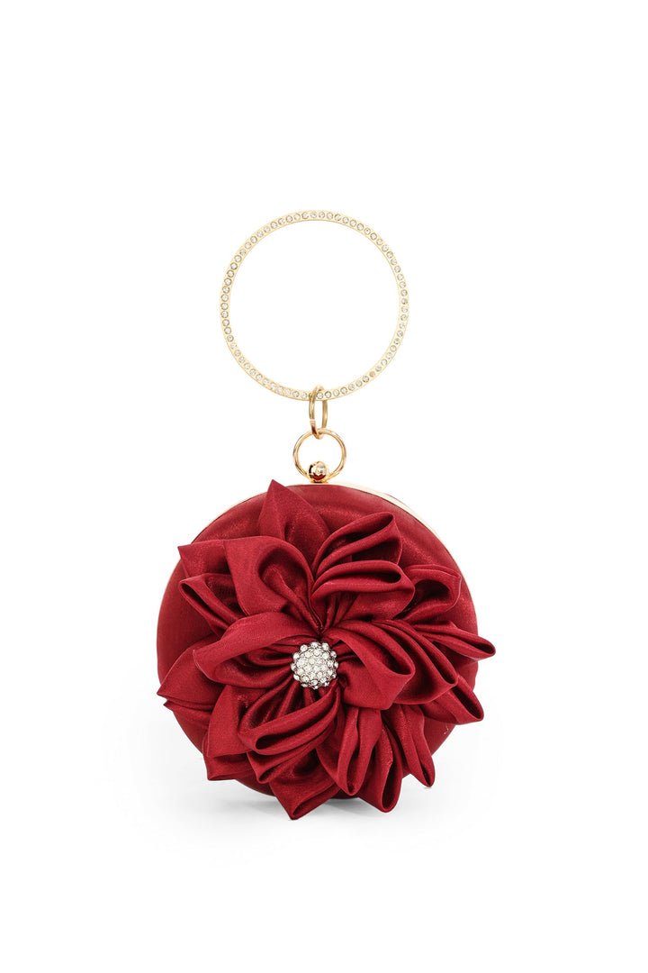 Rina Flower Diamante Circle Handle Bag - Red