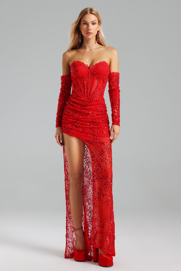 Victoria Sequins High Slit Maxi Dress - Red