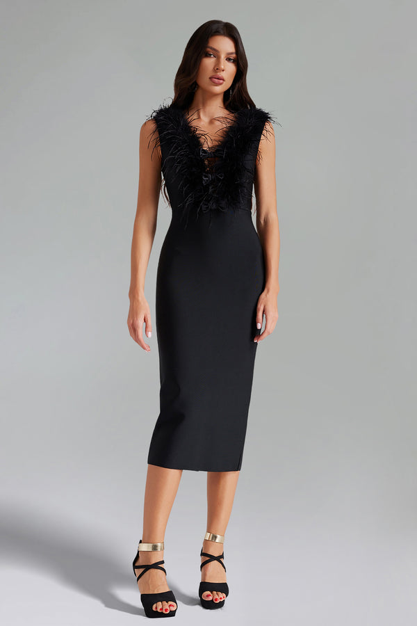 Lorraine Feather V Neck Bandage Midi Dress