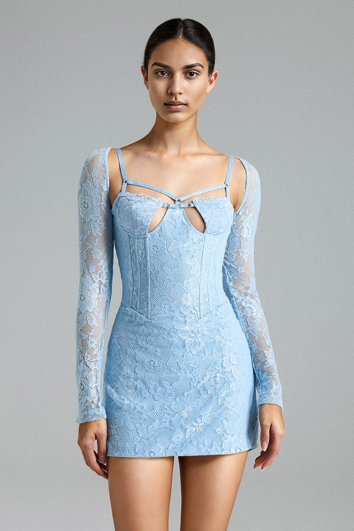 Urania Flower Lace Cut Out Mini Dress - Blue