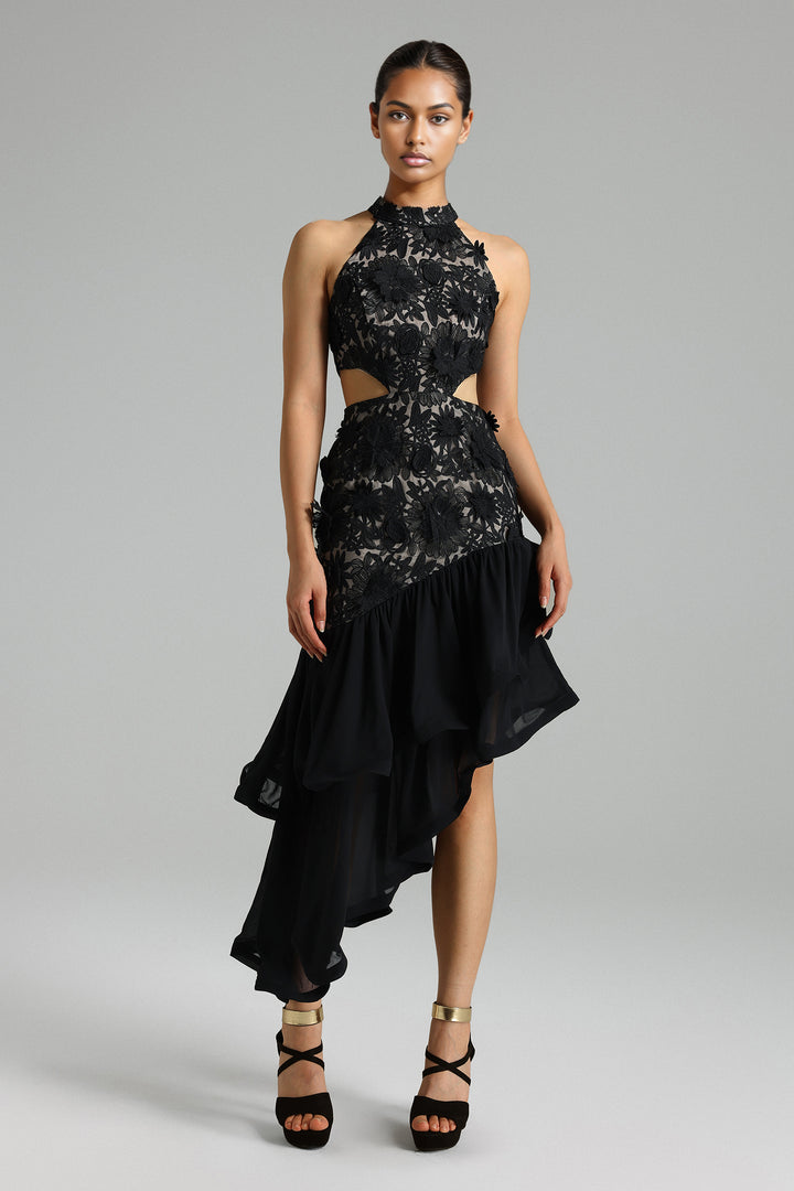 Shardae Lace Flower Cut Out Asymmetrical Dress