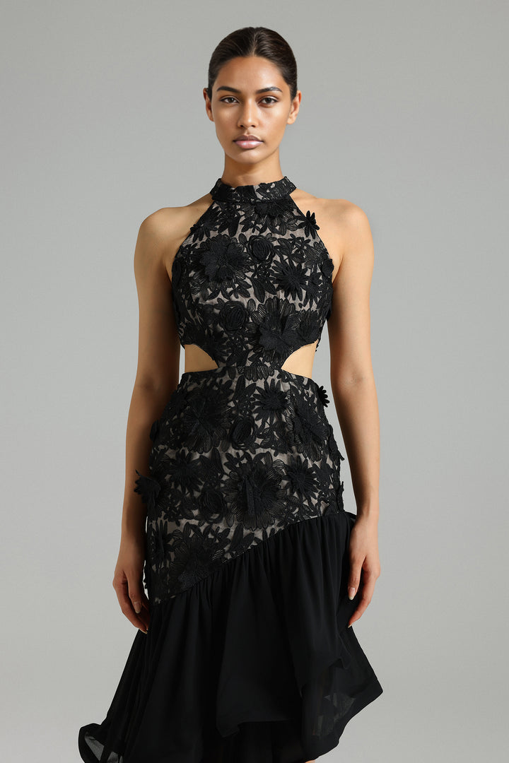 Shardae Lace Flower Cut Out Asymmetrical Dress