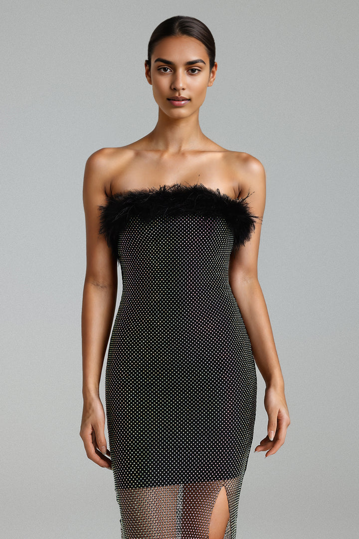 Perly Diamante Feather Mesh Midi Dress