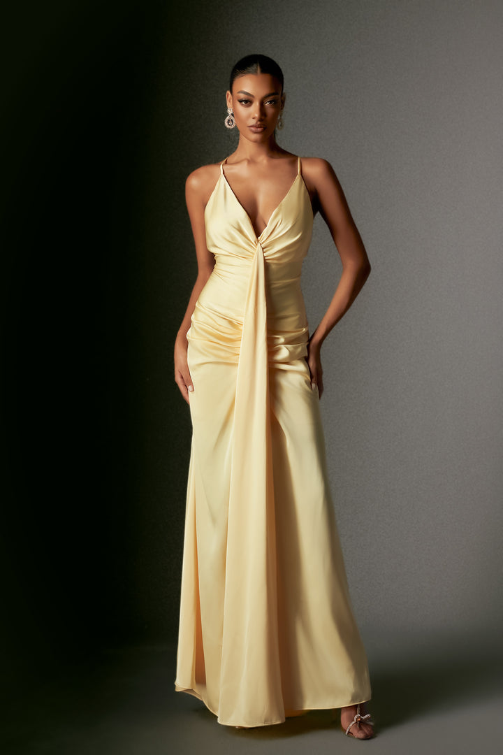 Ock Deep V Halter Satin Maxi Dress