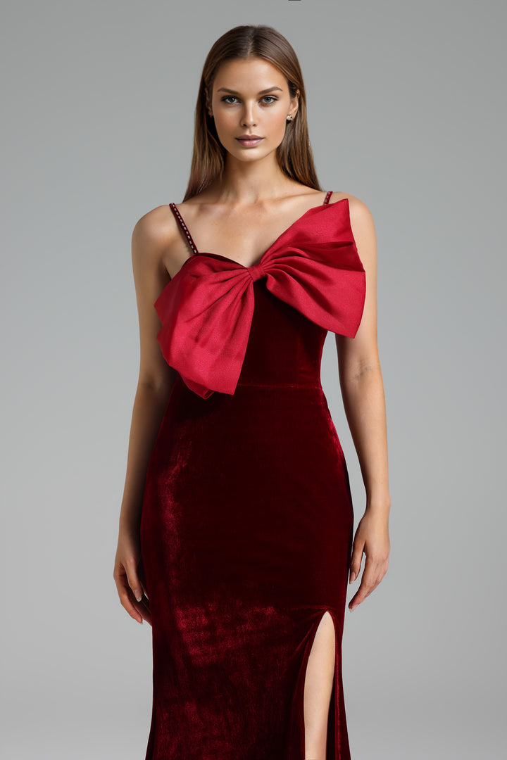 Nico Bowknot Side Slit Velvet Maxi Dress