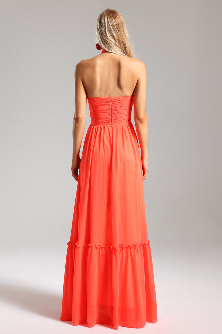 Clea Halterneck Pleat Flower Maxi Dress