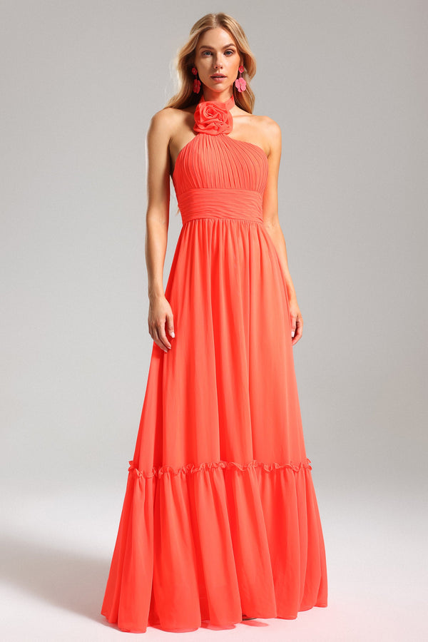 Clea Halterneck Pleat Flower Maxi Dress