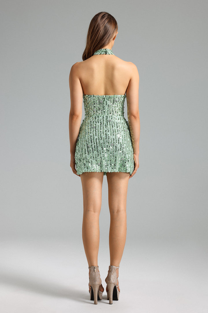 Devere Sequins Halter Cut Out Mini Dress - Green