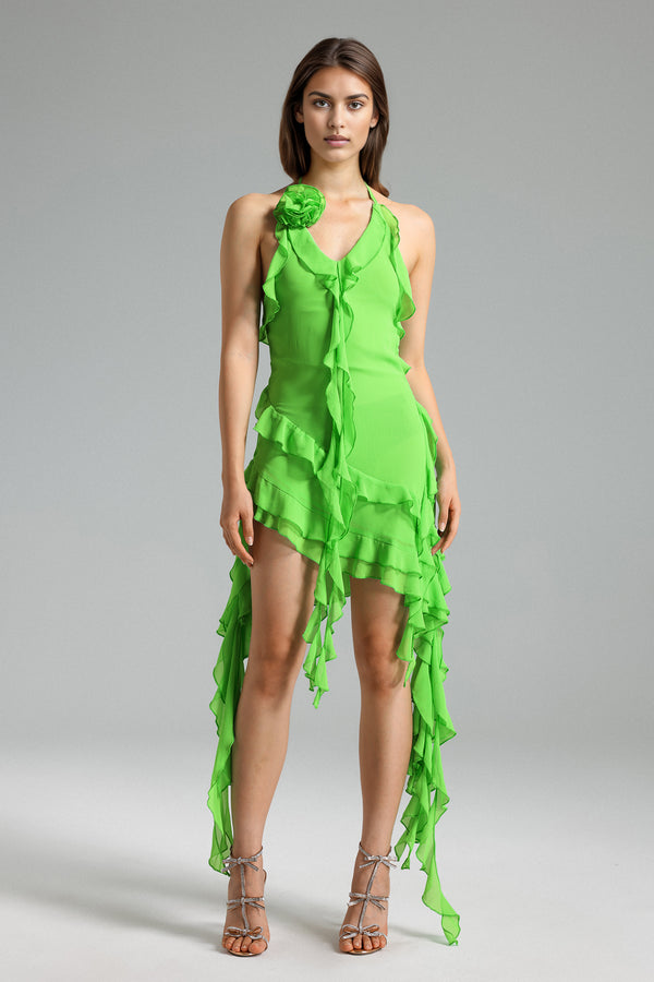 Margot Flower Ruffled Halter Mini Dress - Green