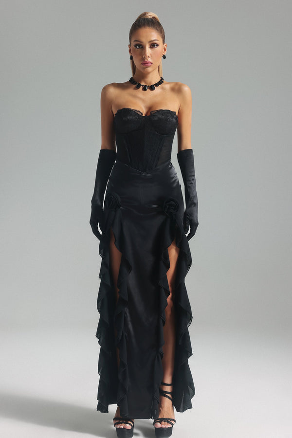 Melissa Strapless Flounced Maxi Dress-Black
