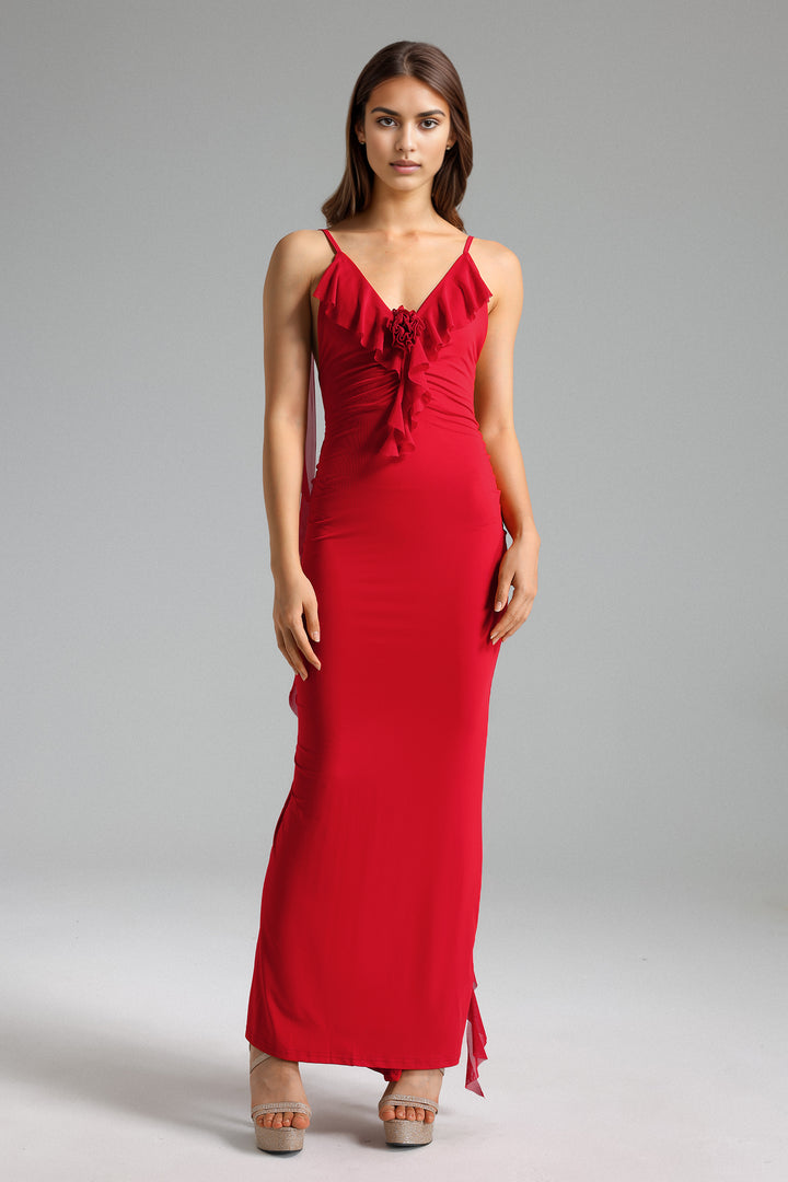 Mitra Deep V Flower Pleated Maxi Dress - Red