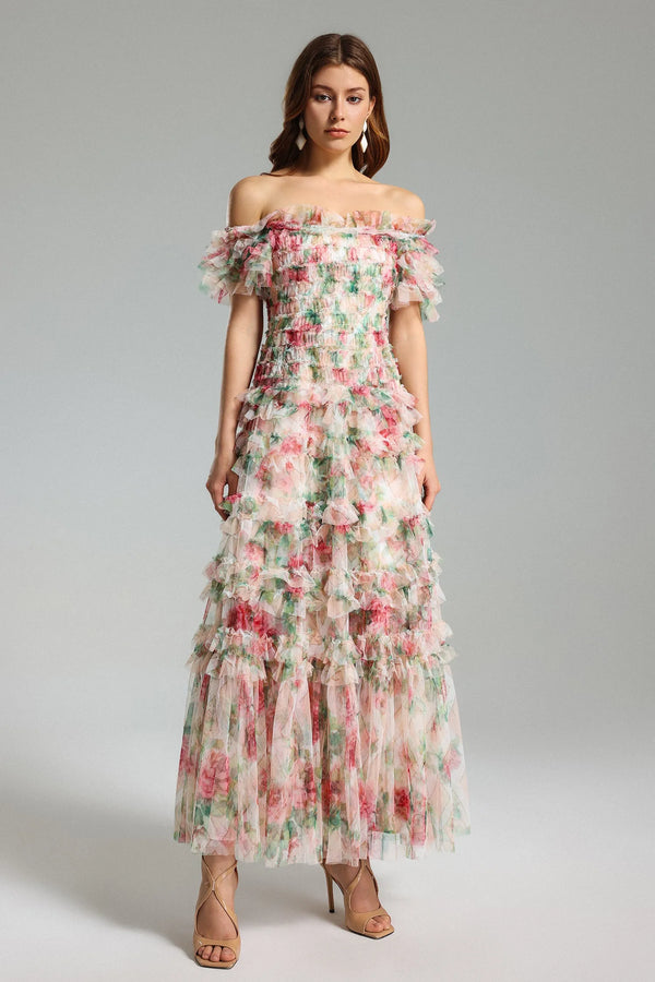 Qearl Floral Off Shoulder Pleated Maxi Robe