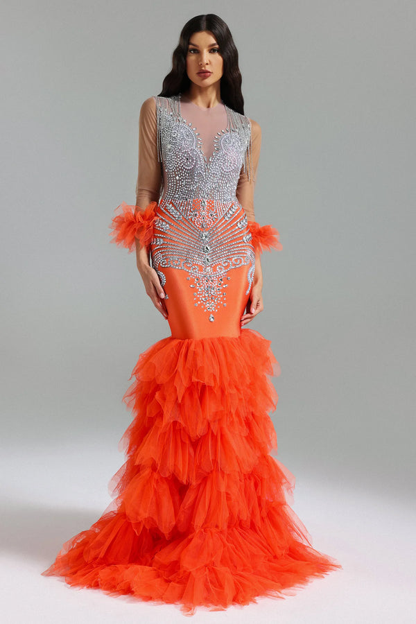 Robe longue queue de poisson en maille à strass Rae