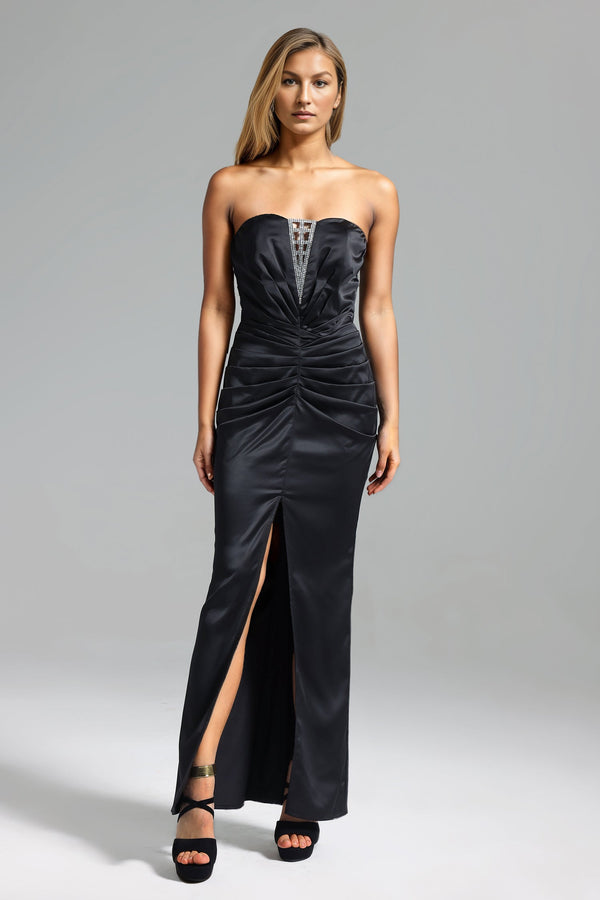 Saliya Satin Diamante Slit Maxi Dress