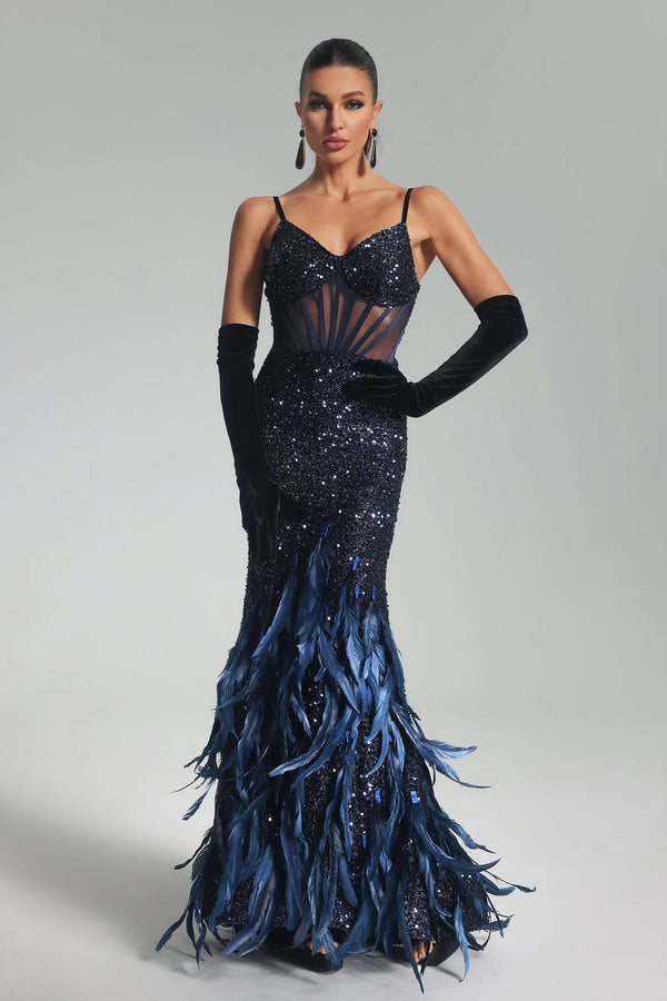 Sarah Sequin Feather Maxi Kleid