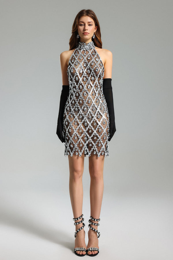 Slare Diamante Halter Mesh Dress