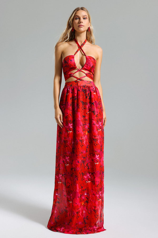 Spiral Flower Print Halter Cut Out Maxi Dress