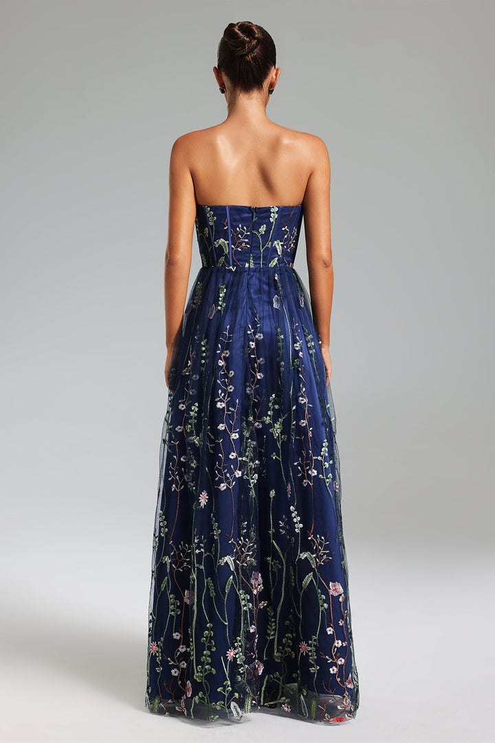 Tusare Open Shoulder Embroidery Maxi Dress - Floral