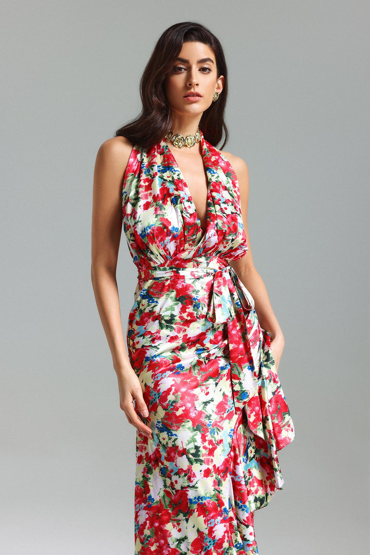 Unica Flower Printed Halter Ruffled Dress