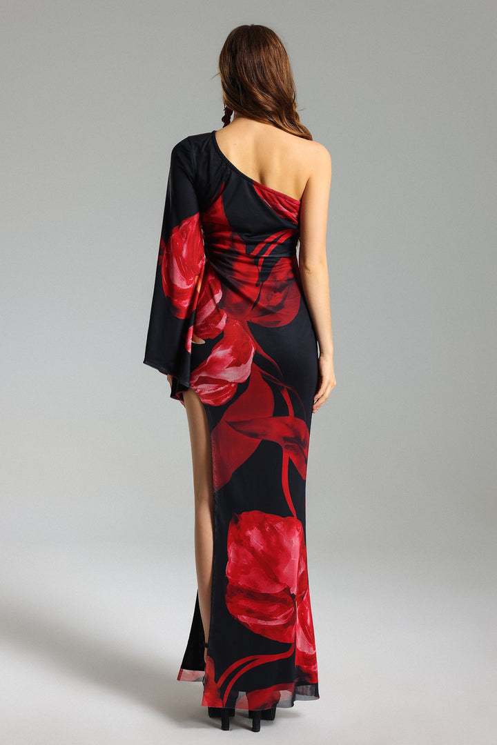 Xuliy Flower Print One Shoulder Slit Dress