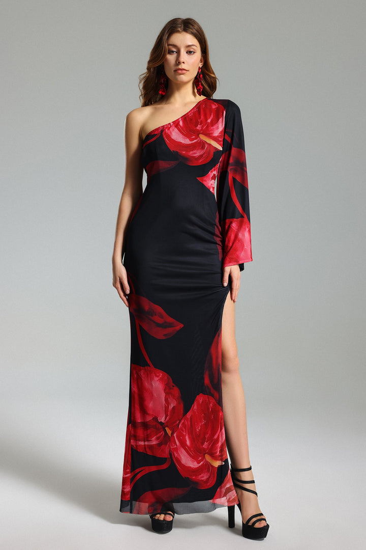 Xuliy Flower Print One Shoulder Slit Dress