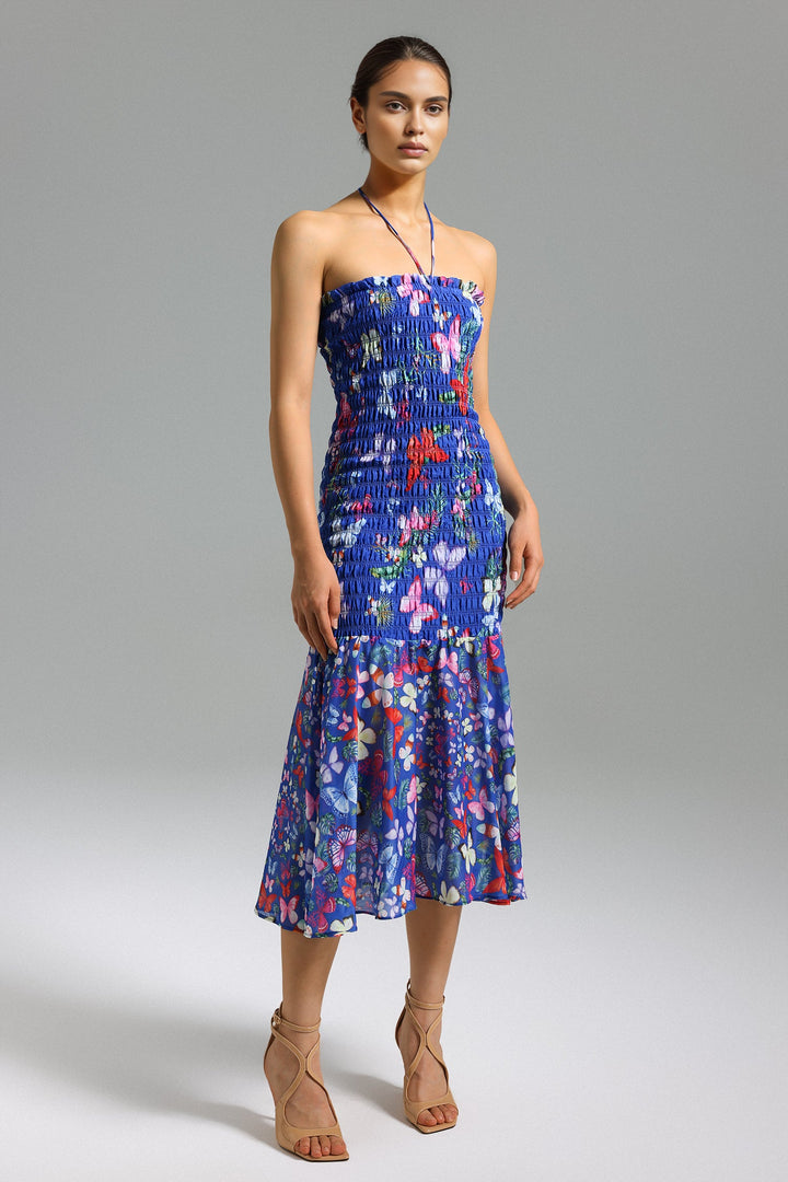 Yoli Flared Printed Midi Dress - Blue