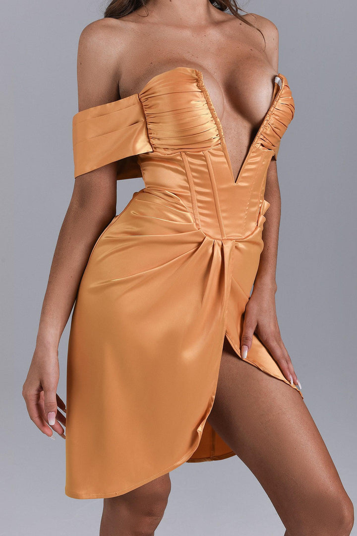 Alexa Off Shoulder Corset Mini Dress - Yellow - Bellabarnett