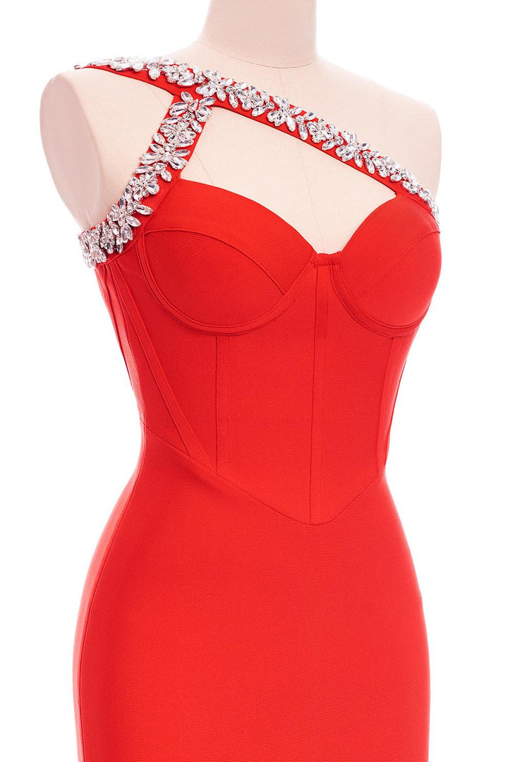 Rhinestone One Shoulder Bandage Cocktail Dress - Red - Bellabarnett