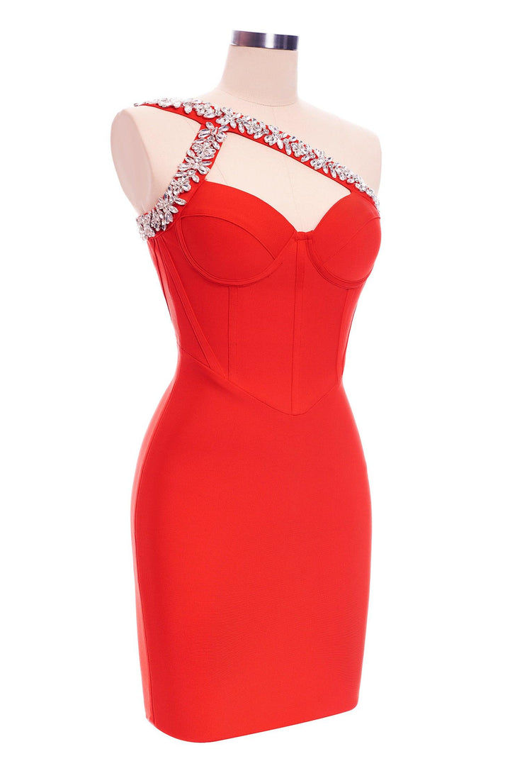 Rhinestone One Shoulder Bandage Cocktail Dress - Red - Bellabarnett