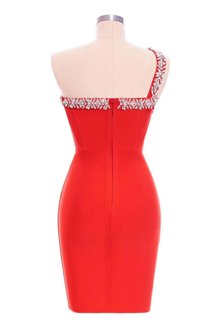 Rhinestone One Shoulder Bandage Cocktail Dress - Red - Bellabarnett