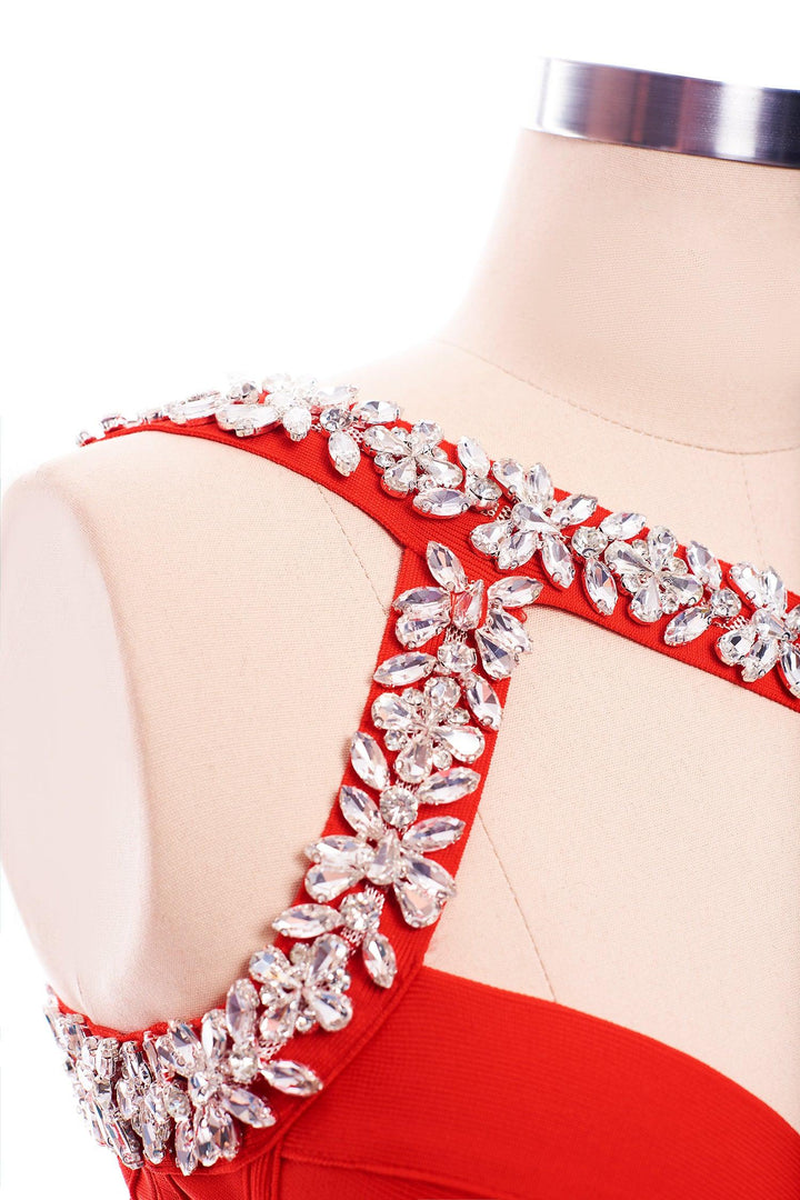 Rhinestone One Shoulder Bandage Cocktail Dress - Red - Bellabarnett