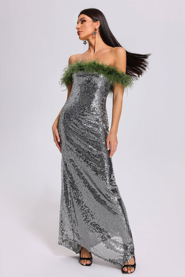 Kitty Off Shouder Feather Sequin Maxi Dress