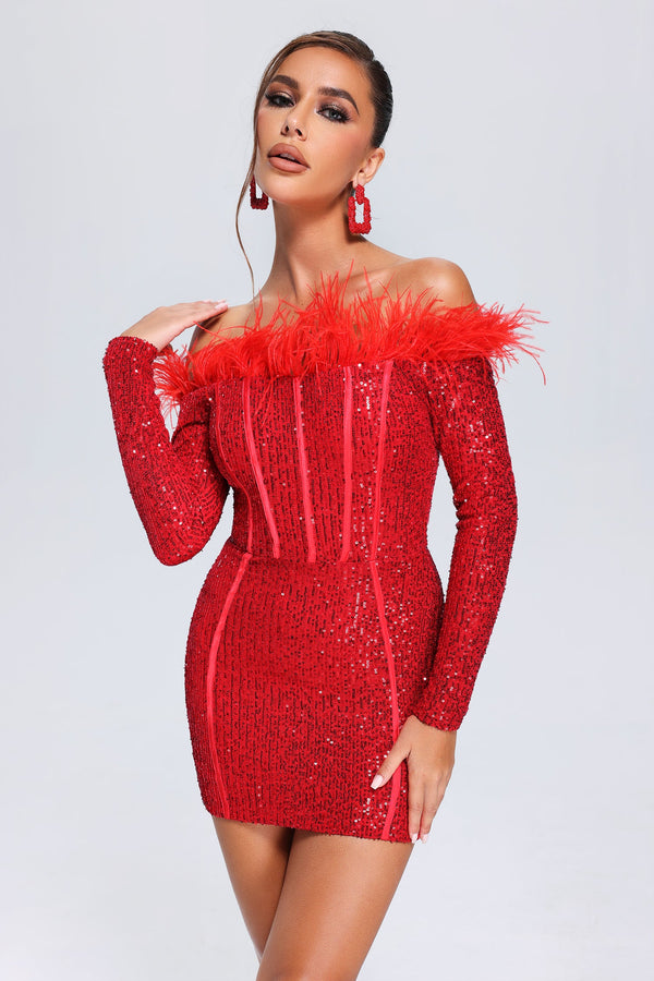 Wooh Feather Sequin Mini Dress - Rouge