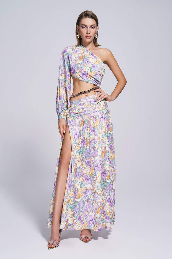 Camila Maxi Robe Floral Fente Une Epaule- Violet