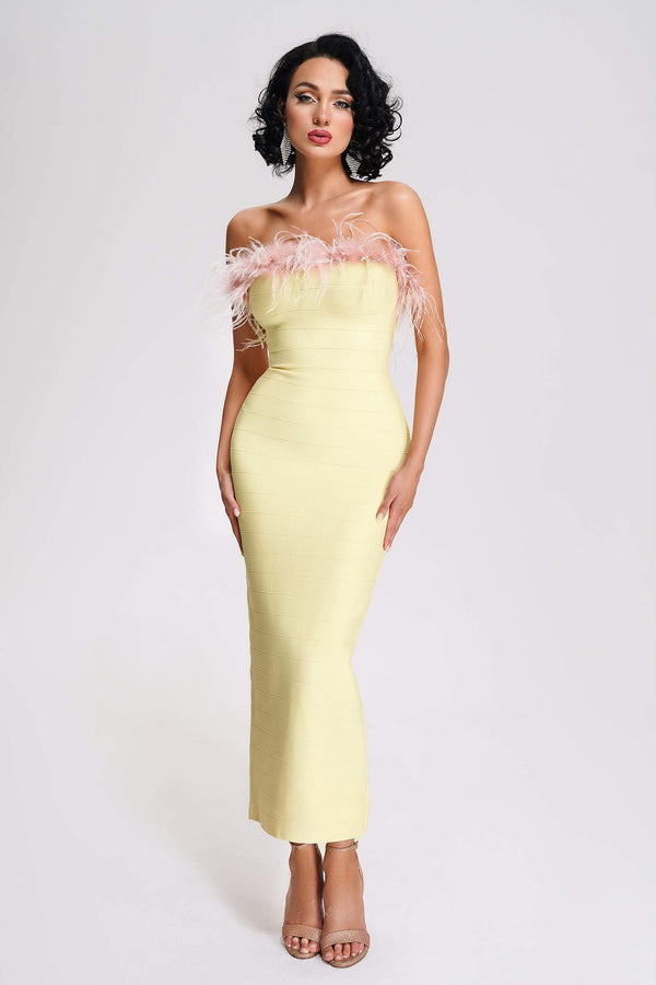 Melissa Robe Midi Bandage sans Bretelles à Plumes